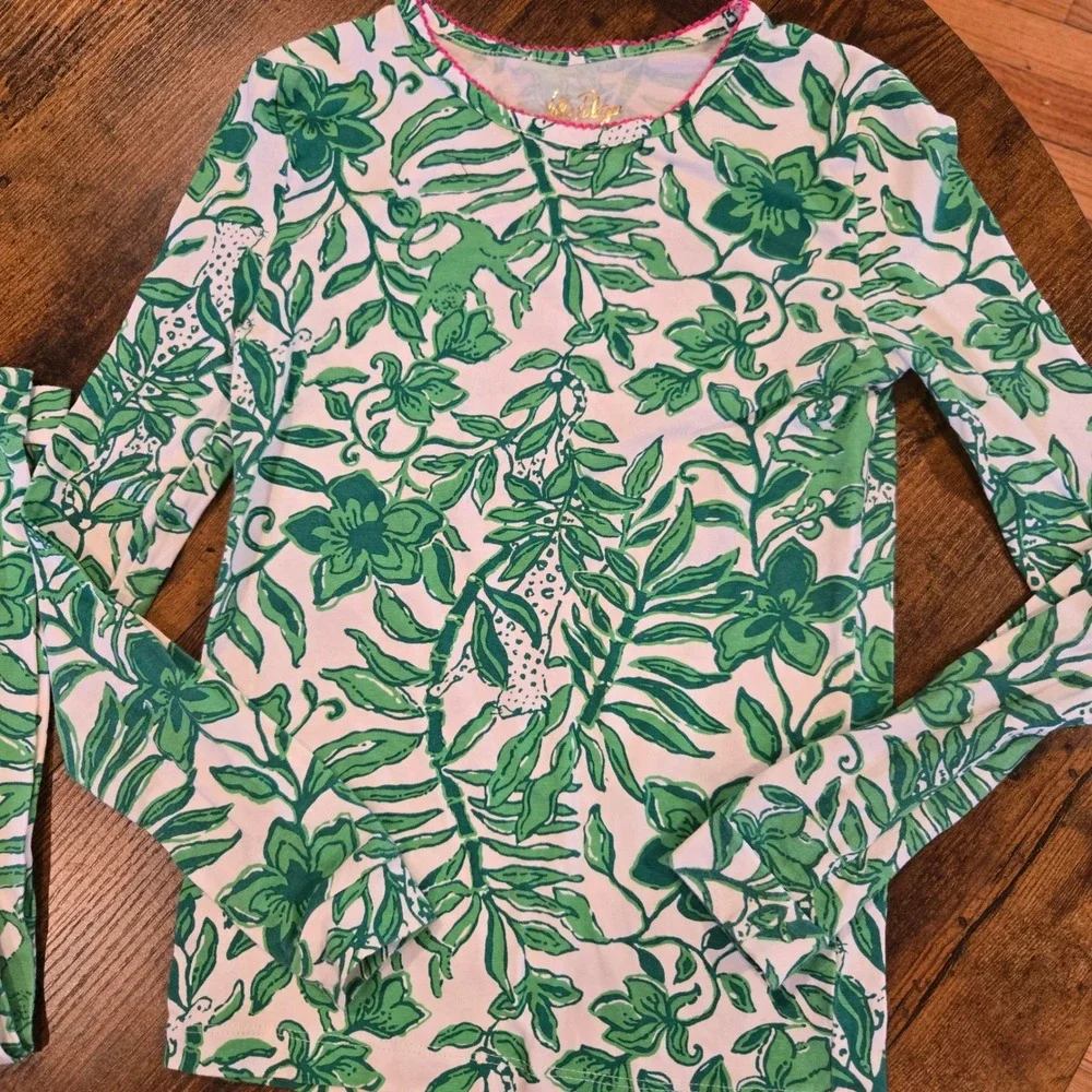 Lilly Pulitzer Girls Green White Jungle Print Pajama Set Leopard Monkey Size‎ 10